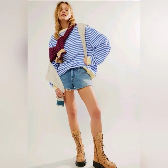 WE THE FREE Free People Classic Pullover Sweatshirt in Blue Combo Size XL - Picture 4 of 14